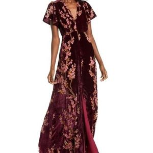 Women's Red Floral Burnout Velvet Maxi Dress